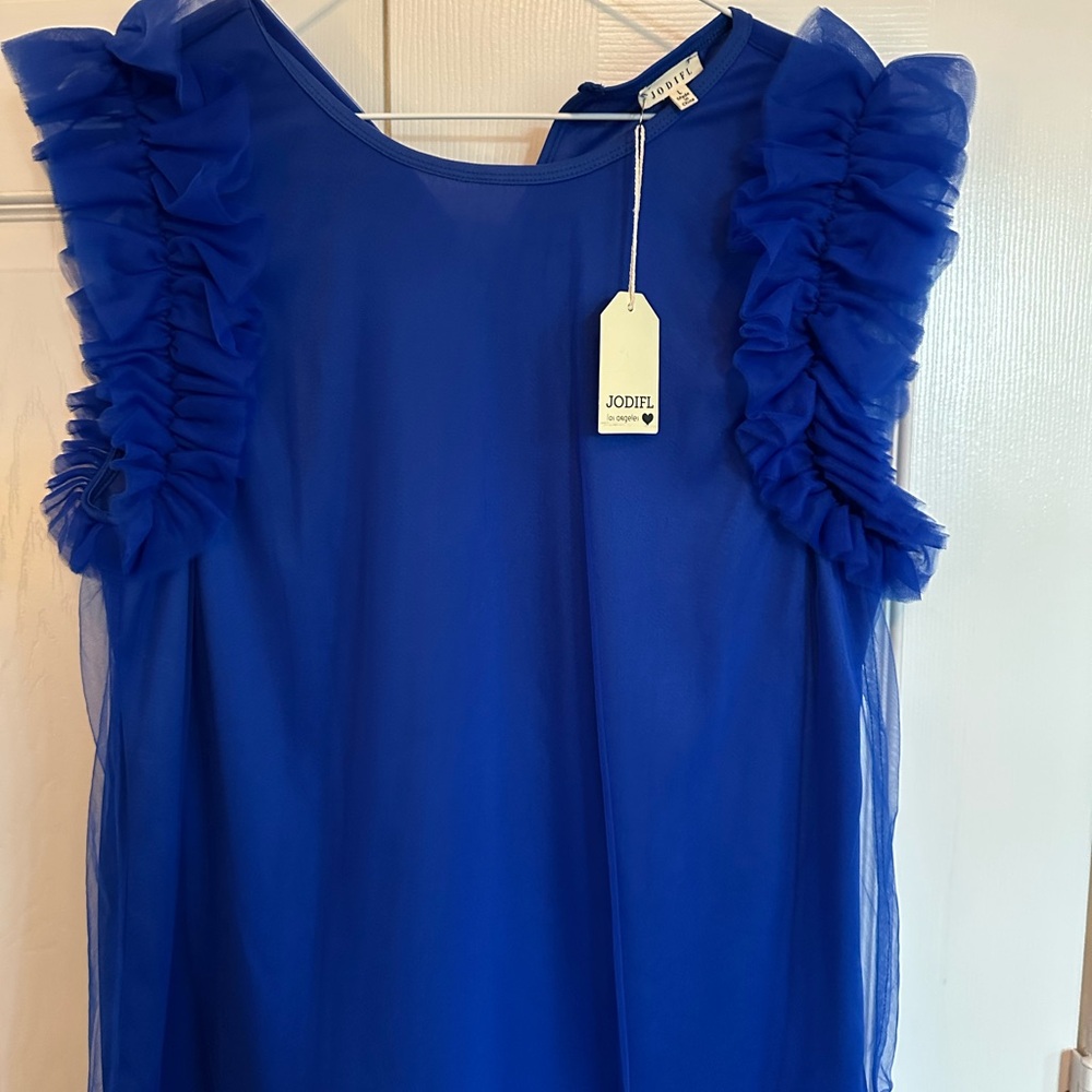 JODIFL Royal Blue Ruffle Sleeve Blouse